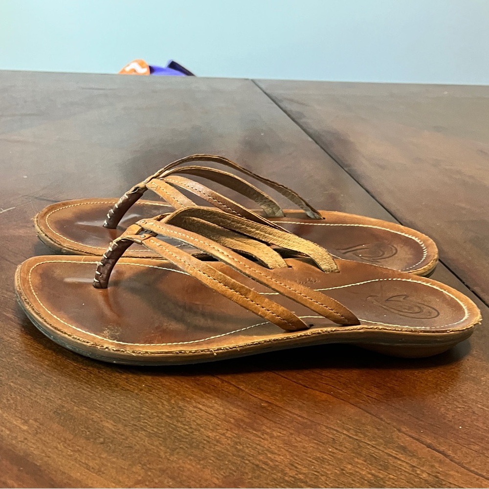 Olukai Ui’ Sahara Brown Leather Double Strap Sandals Size 8.5 Flip Flops
